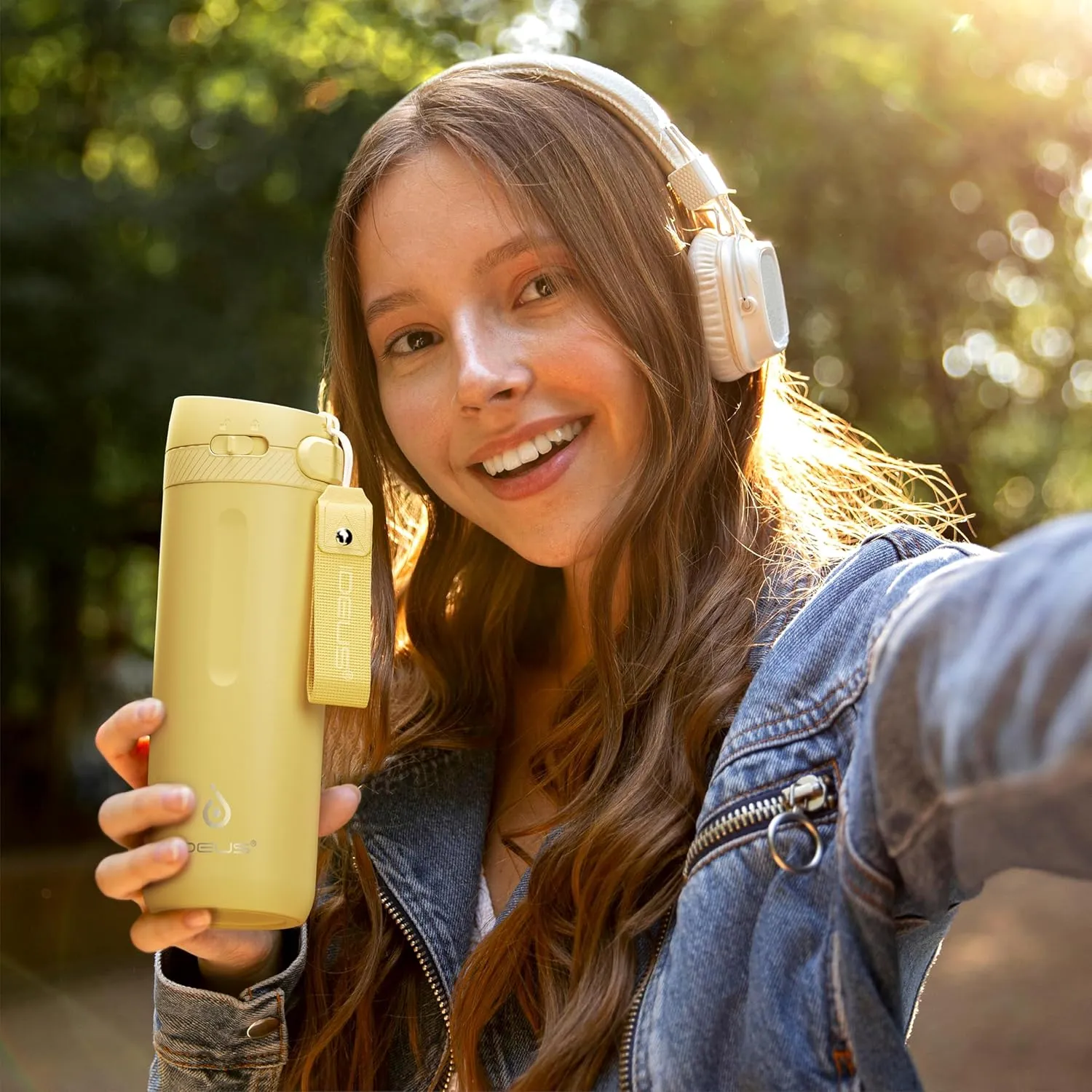 IDEUS Insulated Stainless Steel Water Bottle 17 oz Push Button Lid & Leakproof Travel Mug for Hot/Cold Beverages Fits Most Cup Holder, Light Yellow