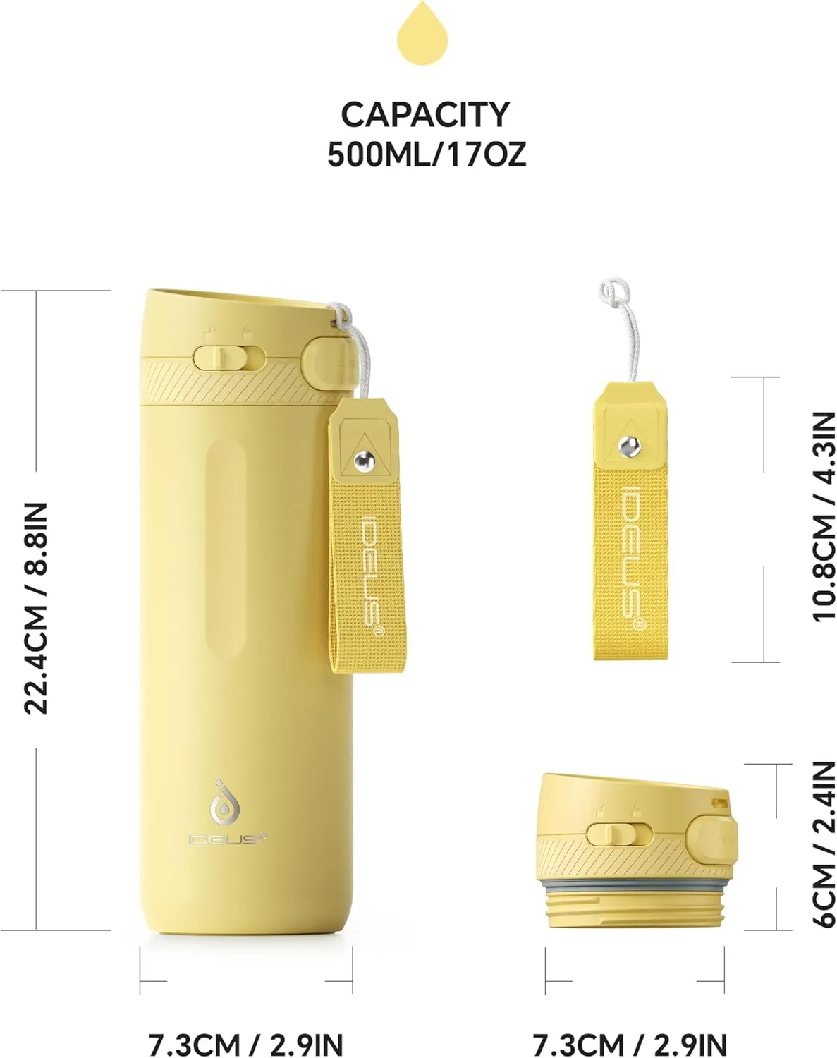 IDEUS Insulated Stainless Steel Water Bottle 17 oz Push Button Lid & Leakproof Travel Mug for Hot/Cold Beverages Fits Most Cup Holder, Light Yellow