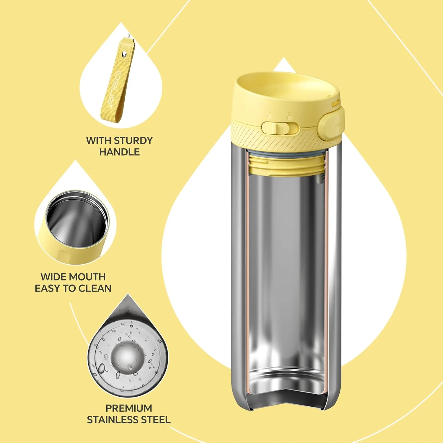 IDEUS Insulated Stainless Steel Water Bottle 17 oz Push Button Lid & Leakproof Travel Mug for Hot/Cold Beverages Fits Most Cup Holder, Light Yellow