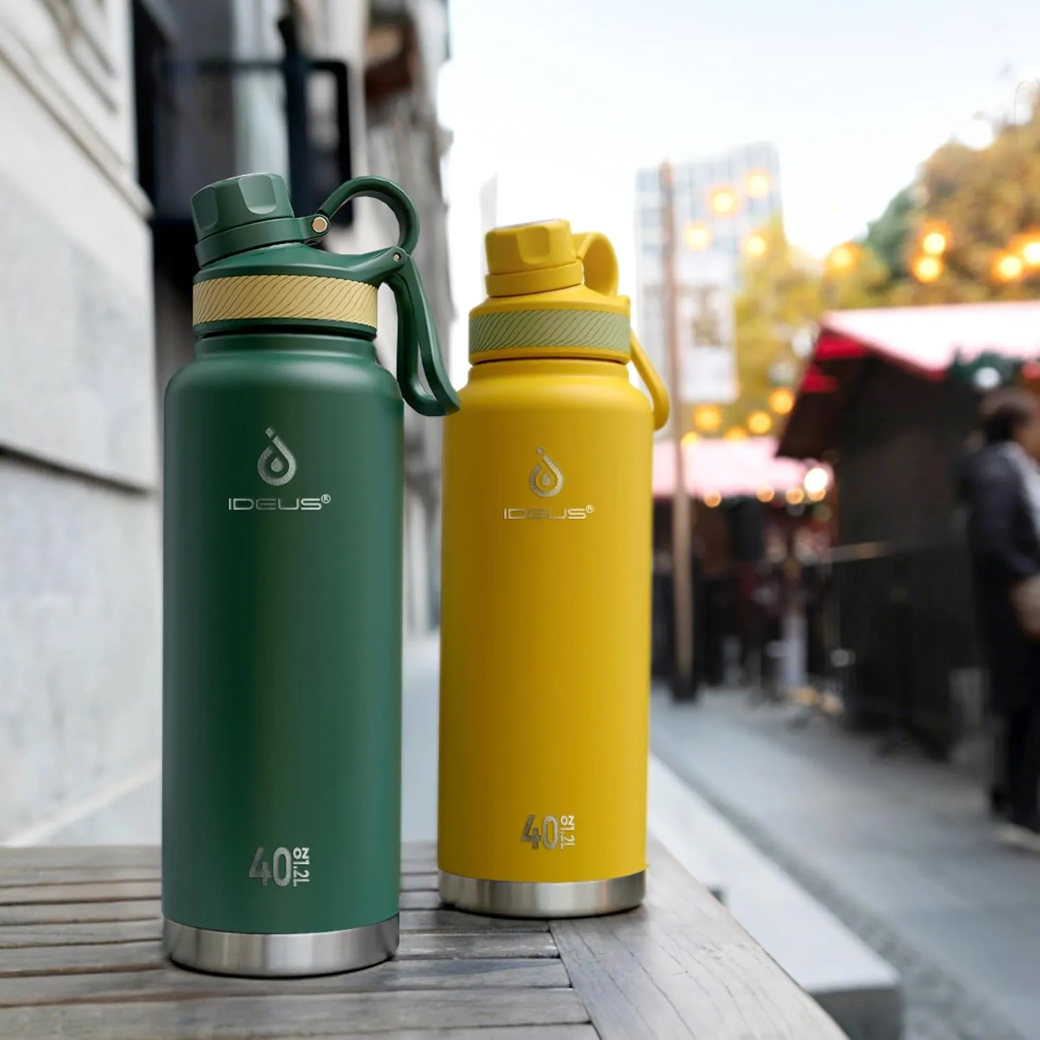IDEUS Insulated Stainless Steel Water Bottle with 2 Leak-Proof Lids, Thermal Water Flask for Hiking Biking, 40oz, Green