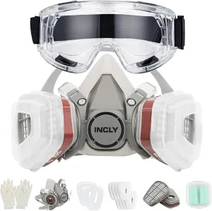 INCLY Respirator Half Face Cover For Chemicals & Paint with Goggles and Asbestos, Safe Breathing For Against Dust, Organic Vapors, Gas, Smoke, Fire, Painting, Sanding
