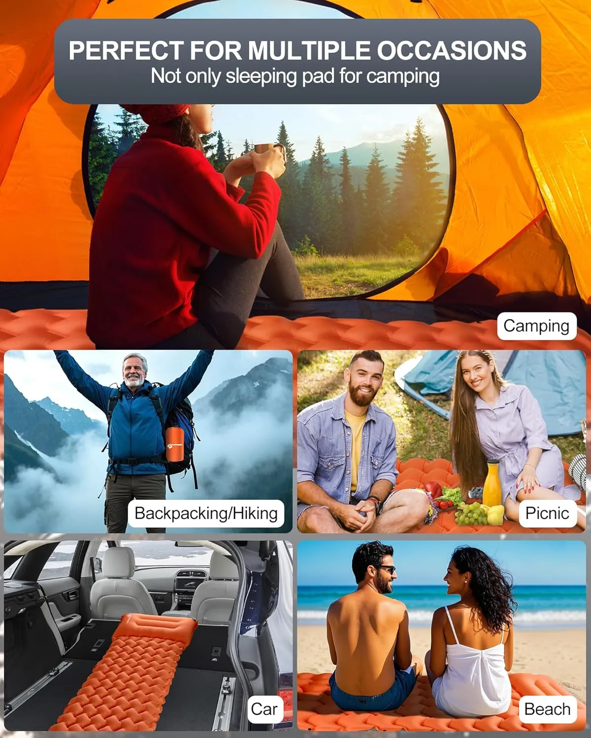 Inflatable Camping Sleeping Pad with Pillow & Foot Pump, 3"x79"x26" Single Camping Air Mattress, Compact Roll-Up, Quick-Dry & Durable Sleeping Mat for Backpacking, Hiking, Tent, Travel – Orange
