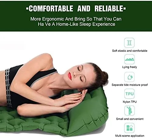 Inflatable Sleeping Mattress Camping Mattress Self-Inflating, Inflatable Sleeping Mat Ultralight Sleeping Pad, Inflatable Sleeping Mat with Pillow, Waterproof and Moisture-Proof Roll M (Navy Blue Med
