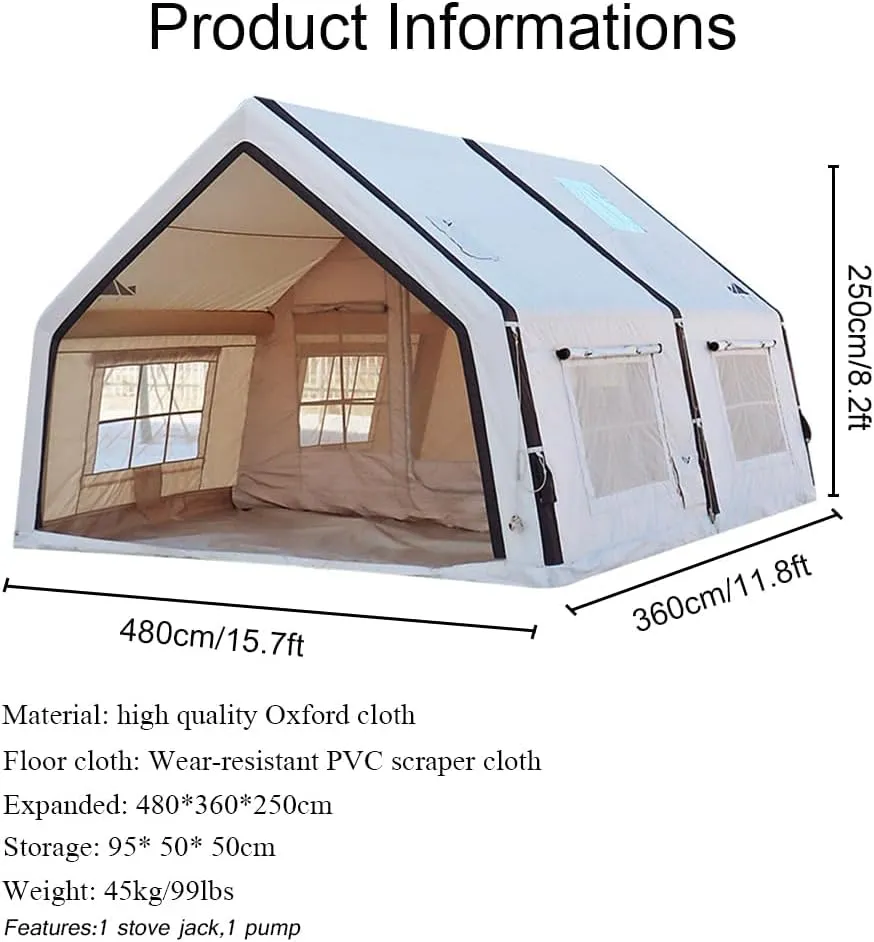 Inflatable Tents with Pump,2-4 Person Blow Up Tent with Stove Jack Hole,4 Season Large Pop-Up Tents,Easy Setup