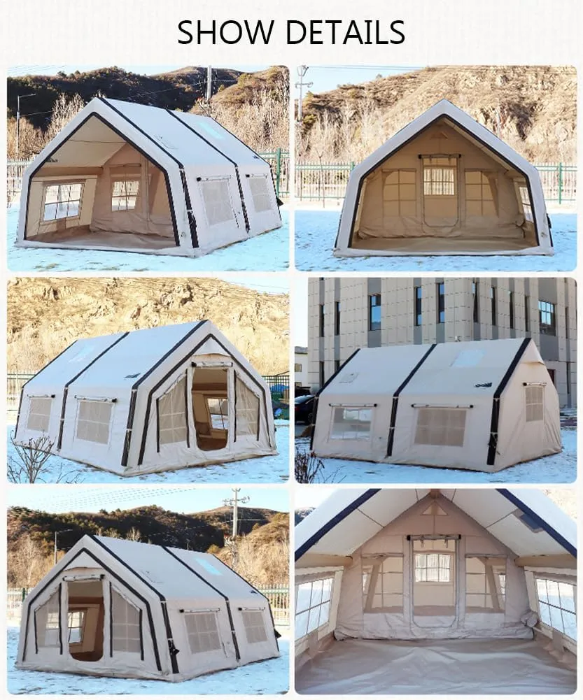 Inflatable Tents with Pump,2-4 Person Blow Up Tent with Stove Jack Hole,4 Season Large Pop-Up Tents,Easy Setup