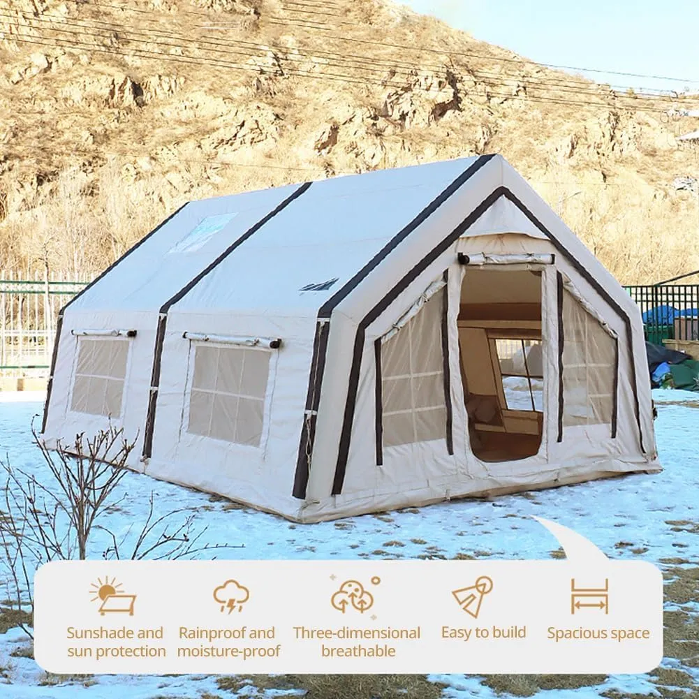 Inflatable Tents with Pump,2-4 Person Blow Up Tent with Stove Jack Hole,4 Season Large Pop-Up Tents,Easy Setup