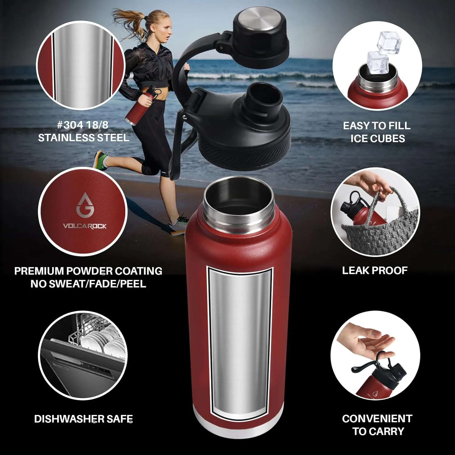 Insulated Sports Water Bottle with Straw Lid Dustproof, 3 Lids, 24/32/40/64 oz Dishwasher Safe & BPA Free Double Wall Stainless Steel Water bottle, Leakproof & Sweat Free -40 Oz Brick Red