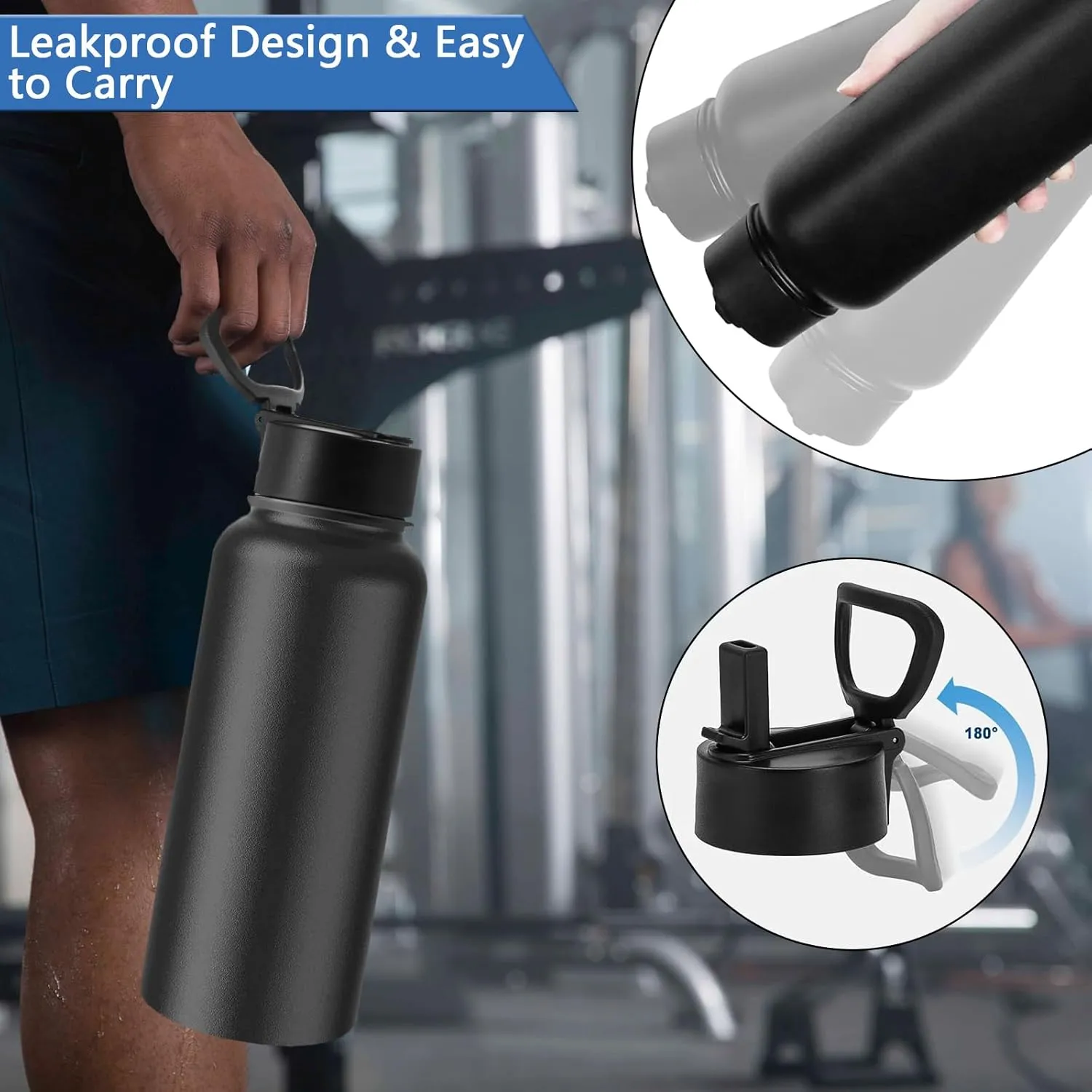 Insulated Stainless Steel Water Bottle, 32 Ounce Sports Water Bottle with brush and Straw Lid for Sports and Travel, Black