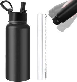 Insulated Stainless Steel Water Bottle, 32 Ounce Sports Water Bottle with brush and Straw Lid for Sports and Travel, Black