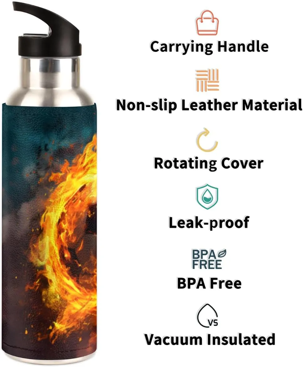 Insulated Stainless Steel Water Bottle with Straw 20oz Red Blue Soccer Sport Football Sports Water Bottles BPA Free Leakproof Metal Vacuum Flask Jug for Kids Gym Fitness