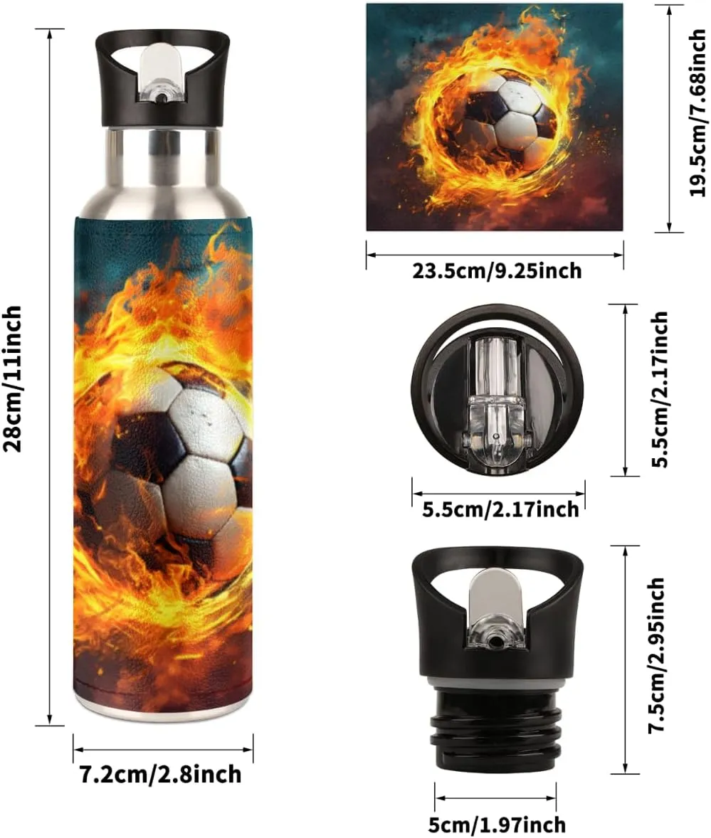 Insulated Stainless Steel Water Bottle with Straw 20oz Red Blue Soccer Sport Football Sports Water Bottles BPA Free Leakproof Metal Vacuum Flask Jug for Kids Gym Fitness