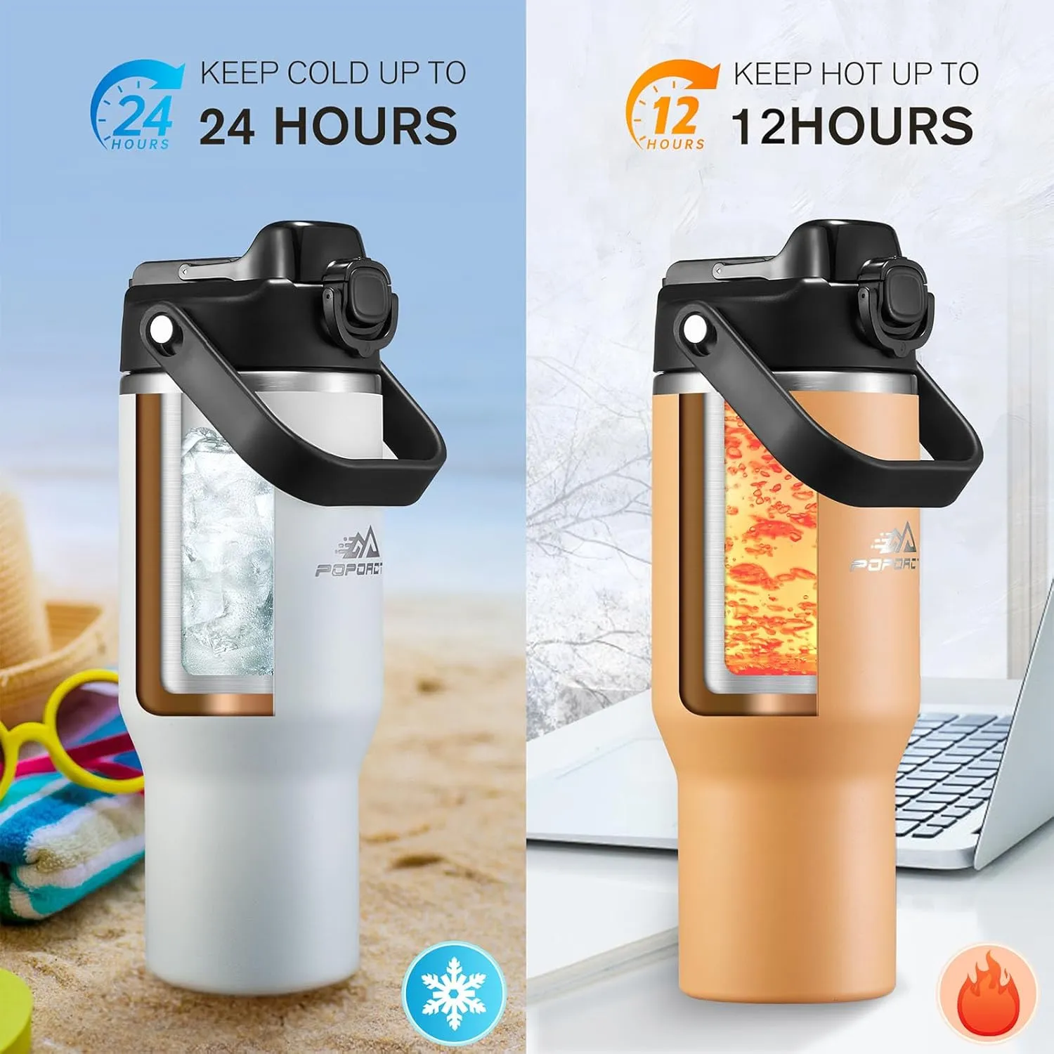 Insulated Tumbler,34 oz Stainless Steel Water Bottle, BPA-Free, Double-Walled Vacuum, Flip Straw for Travel, Keeps Drinks Hot & Cold for 12 Hours,For Travel, Gym & Office (White)