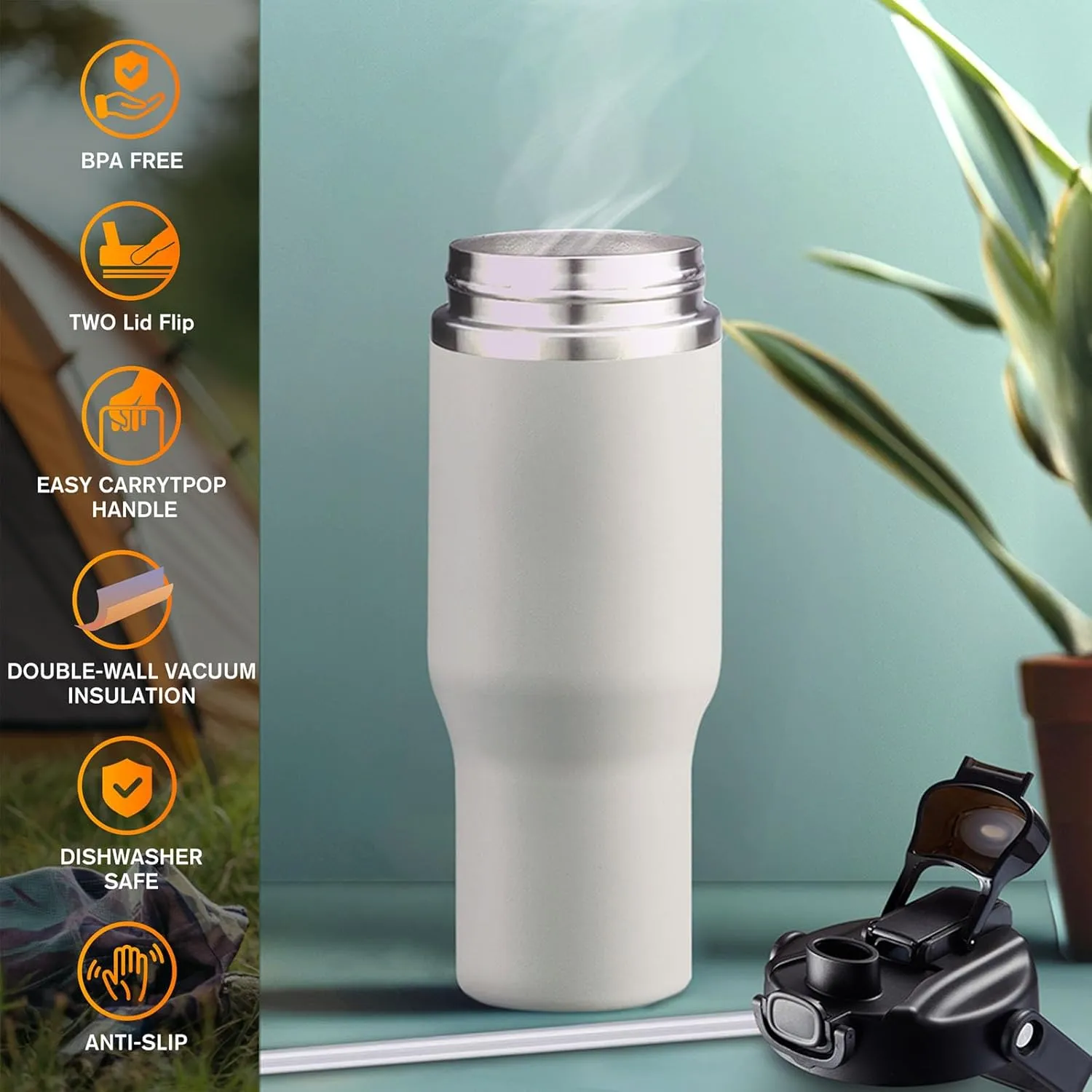 Insulated Tumbler,34 oz Stainless Steel Water Bottle, BPA-Free, Double-Walled Vacuum, Flip Straw for Travel, Keeps Drinks Hot & Cold for 12 Hours,For Travel, Gym & Office (White)