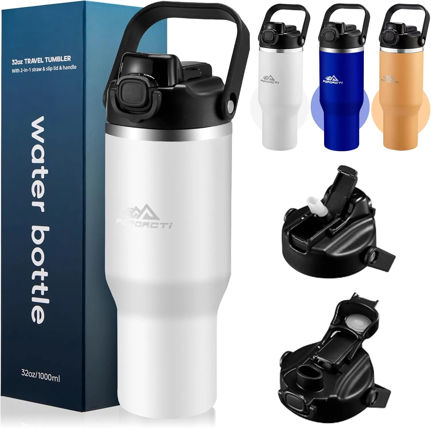 Insulated Tumbler,34 oz Stainless Steel Water Bottle, BPA-Free, Double-Walled Vacuum, Flip Straw for Travel, Keeps Drinks Hot & Cold for 12 Hours,For Travel, Gym & Office (White)