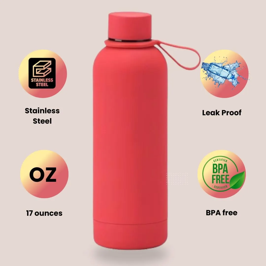 Insulated Water Bottle -17 oz Stainless Steel Rubber Coated Double Wall Water Bottles - Water Thermos Leakproof Lightweight,BPA Free - Gym Water Bottle (Red)