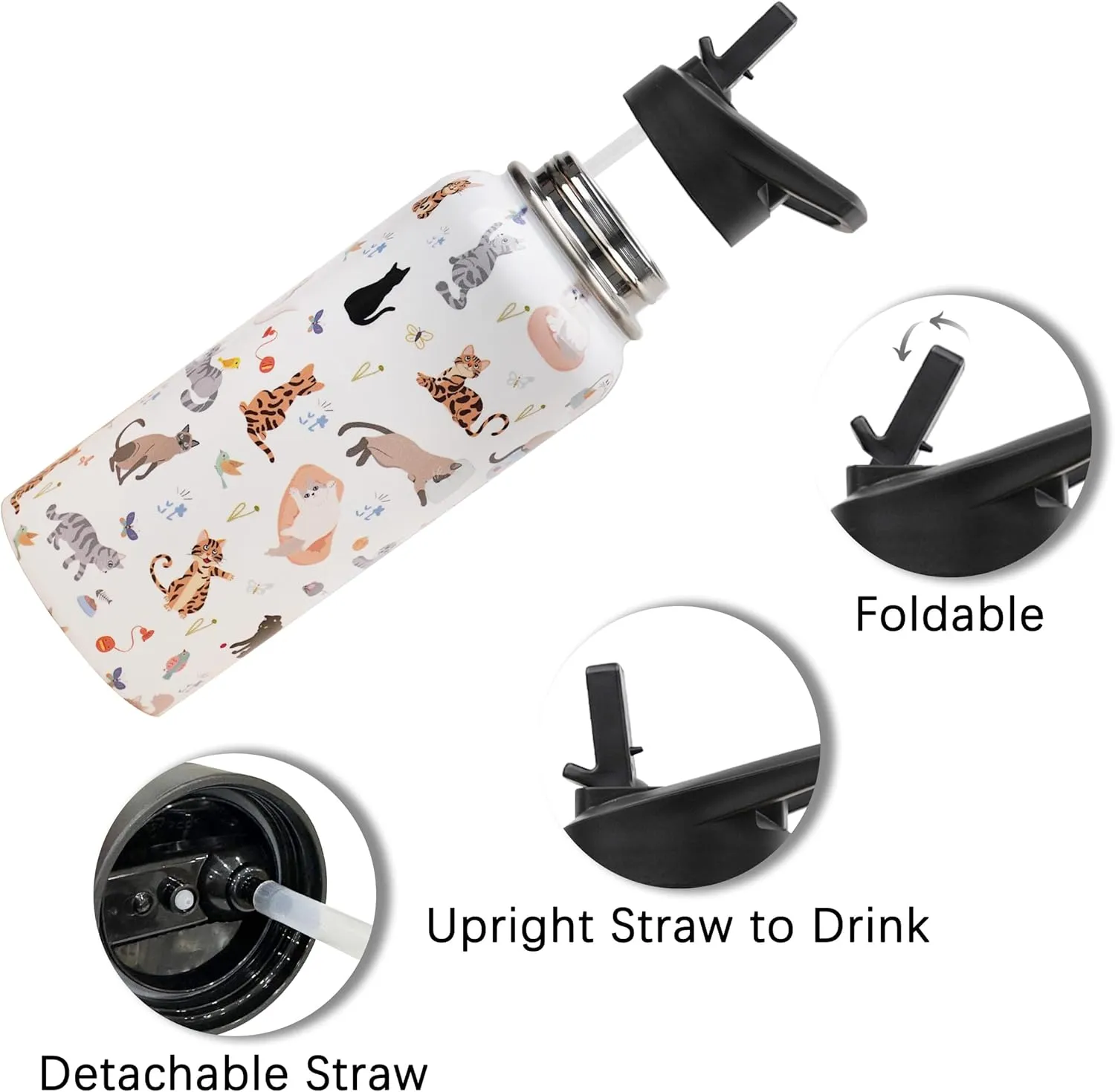 Insulated Water Bottle 32 oz, Cat Water Bottle with Straw and Lid, Reusable Leakproof Water Bottle Stainless Steel, Cat Lover Gifts for Women