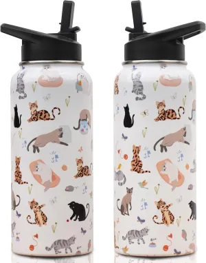 Insulated Water Bottle 32 oz, Cat Water Bottle with Straw and Lid, Reusable Leakproof Water Bottle Stainless Steel, Cat Lover Gifts for Women