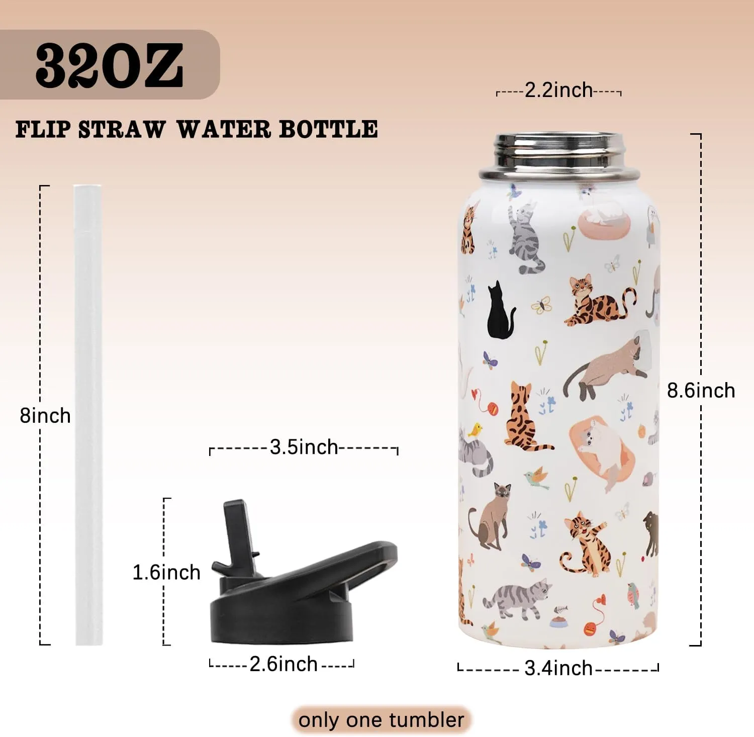 Insulated Water Bottle 32 oz, Cat Water Bottle with Straw and Lid, Reusable Leakproof Water Bottle Stainless Steel, Cat Lover Gifts for Women