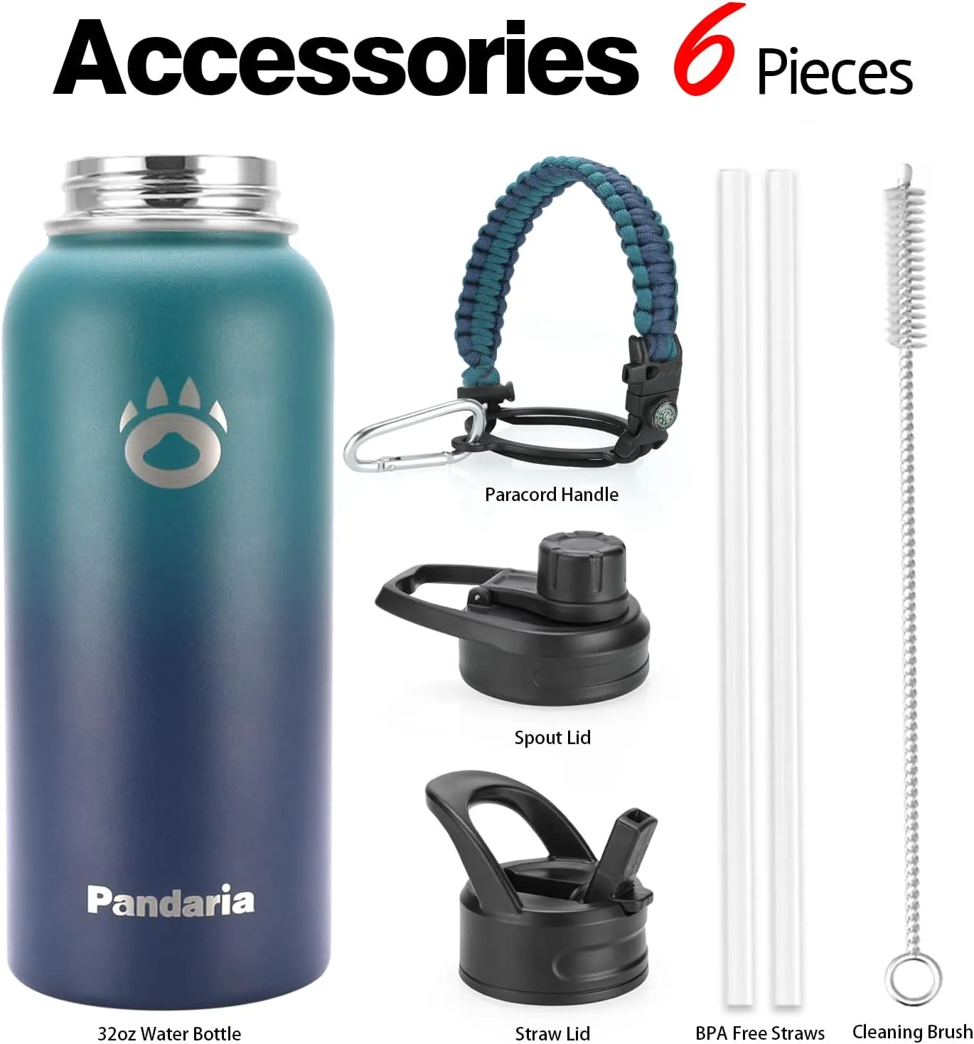 Insulated Water Bottle 32oz, Stainless Steel Water Bottle with Straw & Spout Lids & Paracord Handle