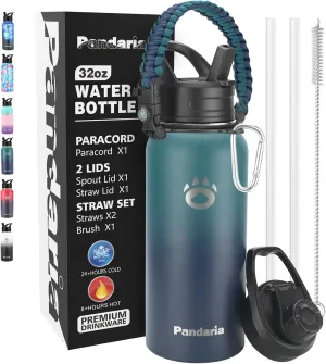 Insulated Water Bottle 32oz, Stainless Steel Water Bottle with Straw & Spout Lids & Paracord Handle