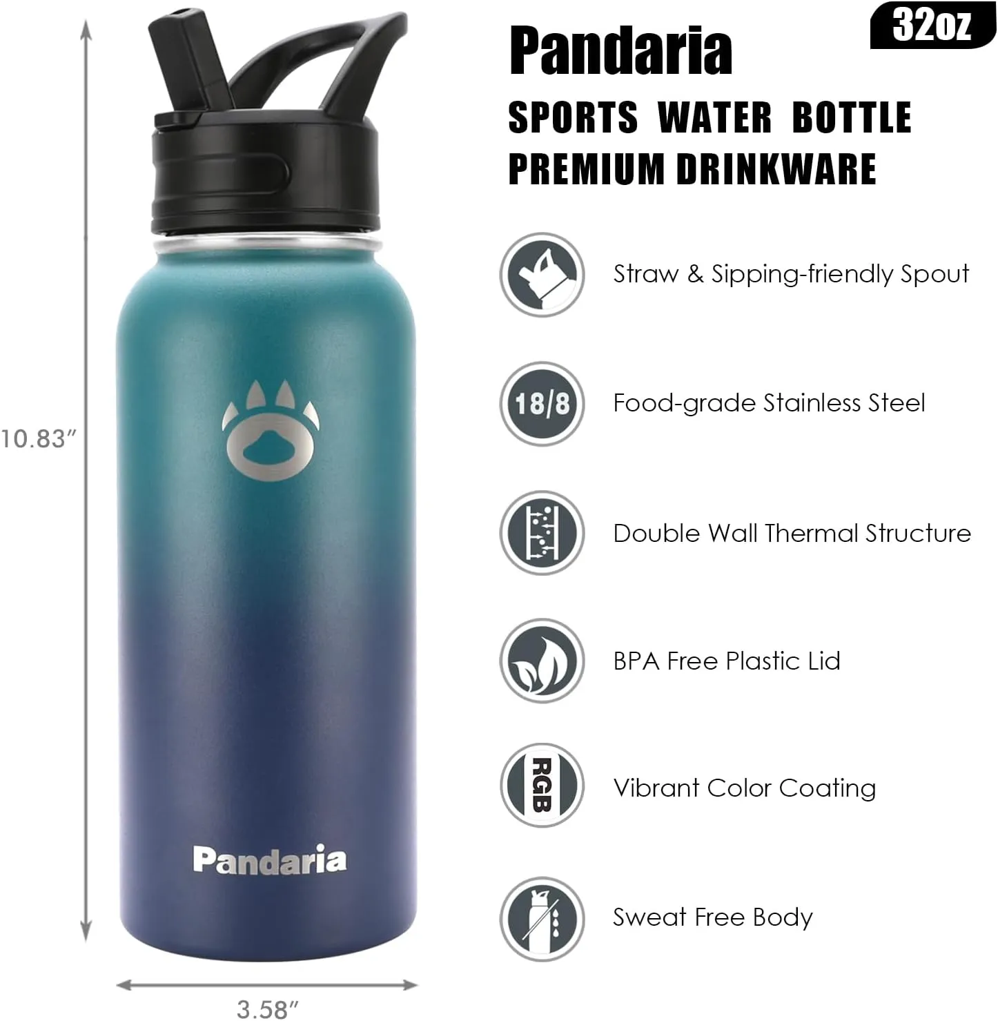 Insulated Water Bottle 32oz, Stainless Steel Water Bottle with Straw & Spout Lids & Paracord Handle