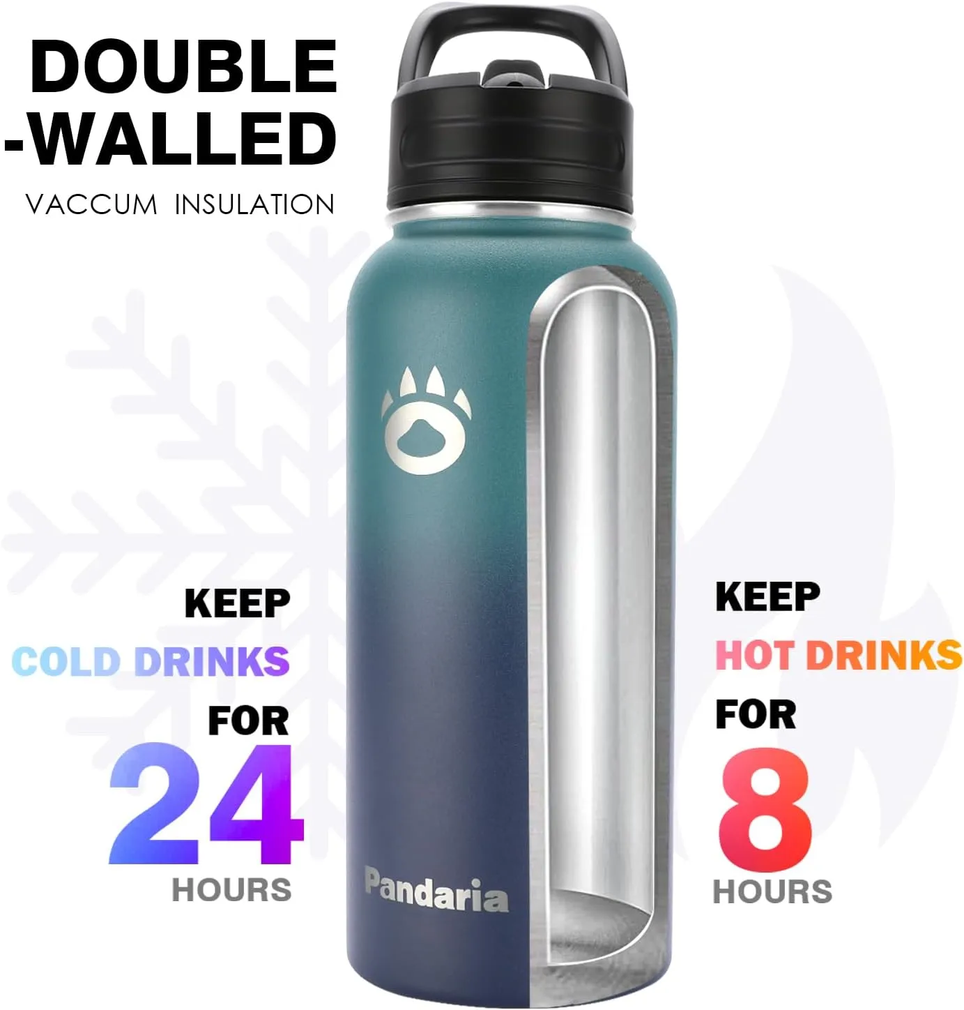Insulated Water Bottle 32oz, Stainless Steel Water Bottle with Straw & Spout Lids & Paracord Handle