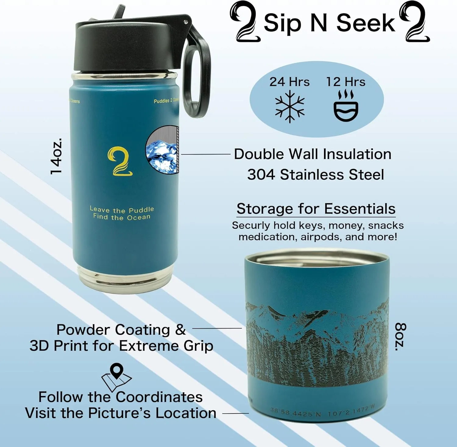 Insulated Water Bottle & Snack Container - Stainless Steel Water Bottle, 3 Lid Types BPA Free, Leak & Spill Proof Travel Bottle for Kids & Adults - Double Wall Tumbler Perfect for Gym, Hiking & School