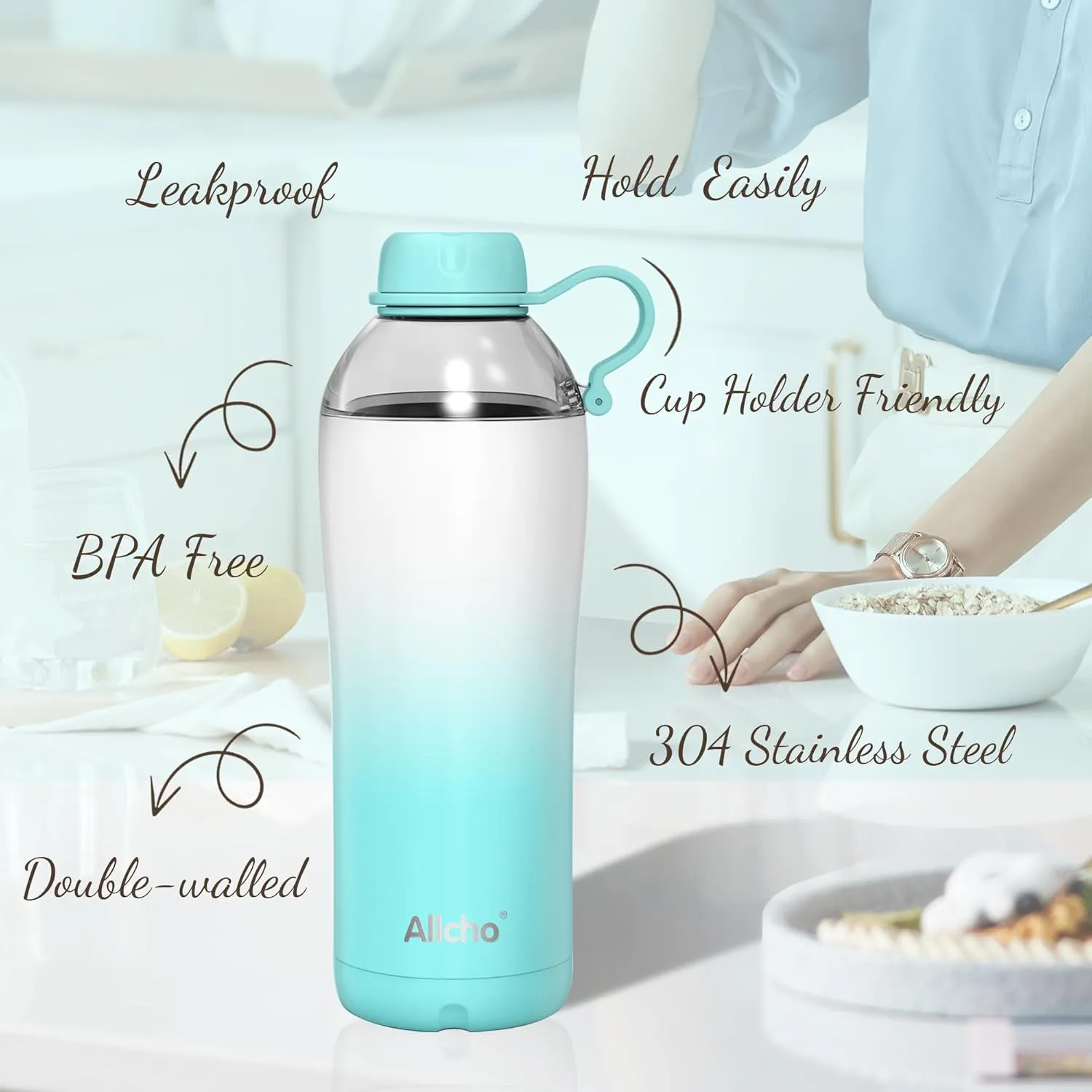 Insulated Water Bottle for Women, 18 oz Stainless Steel Water Bottles, Double Walled, 2 Lids (Chug & Tumbler) - Hydrate & Caffeinate, Gifts