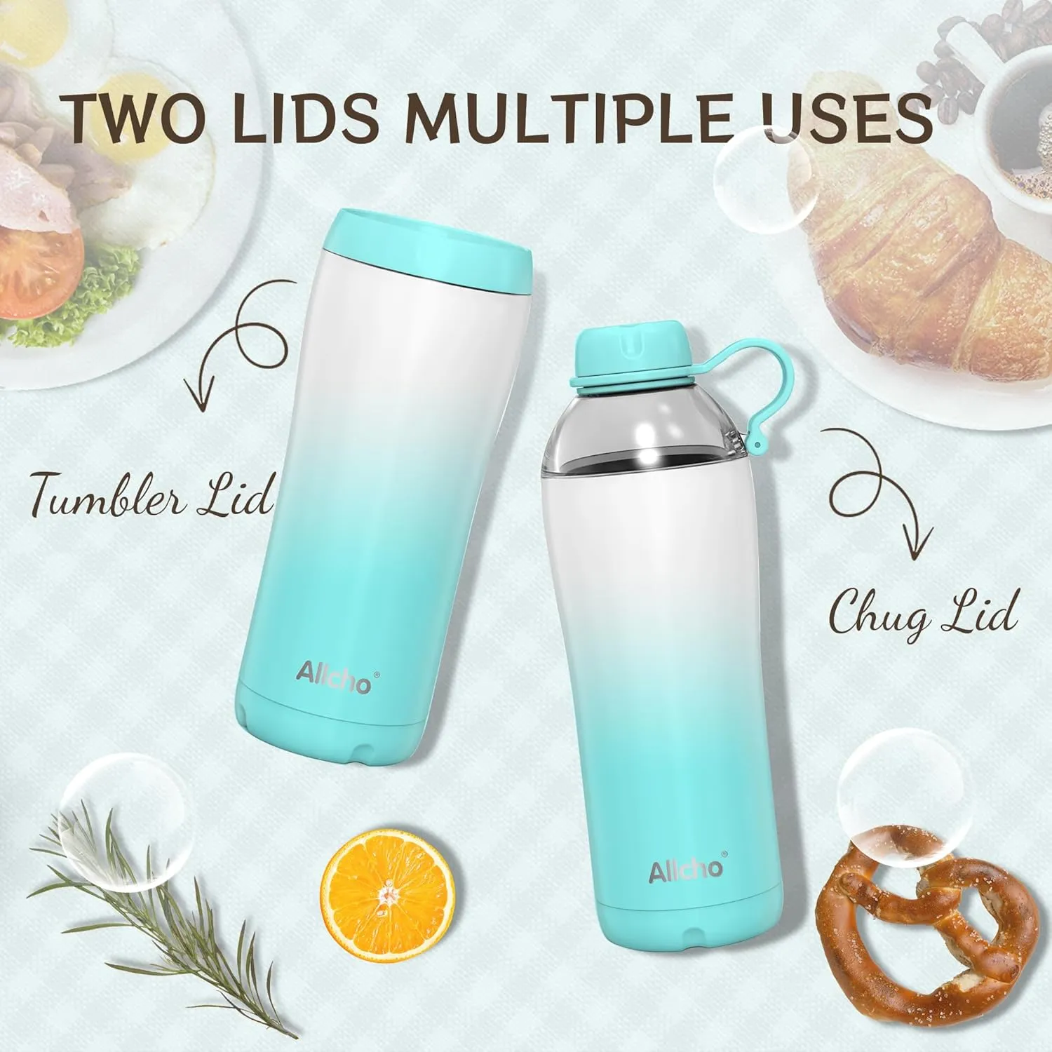 Insulated Water Bottle for Women, 18 oz Stainless Steel Water Bottles, Double Walled, 2 Lids (Chug & Tumbler) - Hydrate & Caffeinate, Gifts