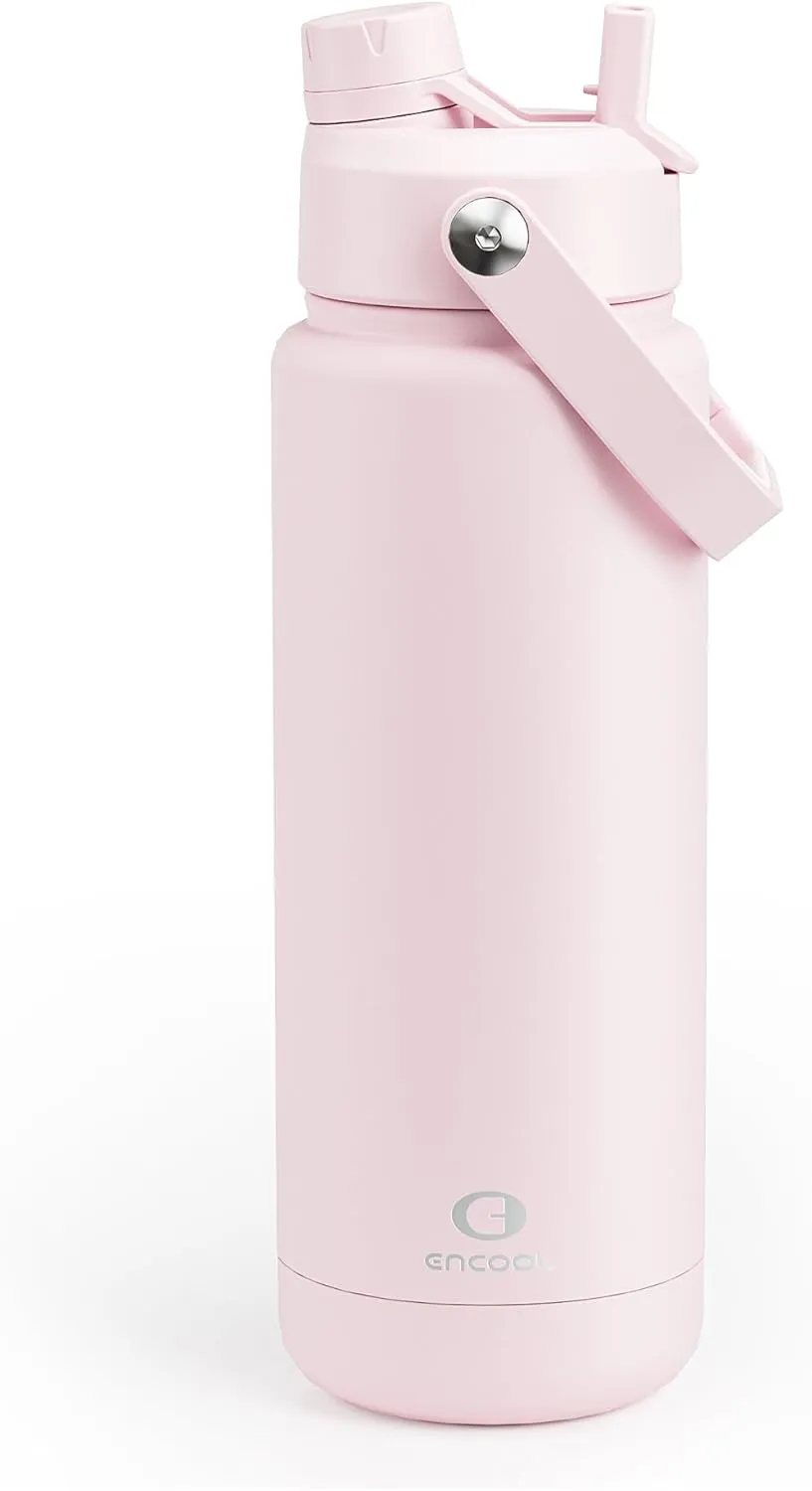 Insulated Water Bottle with Straw - Encool Stainless Steel Water Bottle, Leak-Proof, BPA-Free, Double Wall Vacuum Keeps Cold for 24 Hours for Sports, Travel, School (32 oz, Cotton Candy)