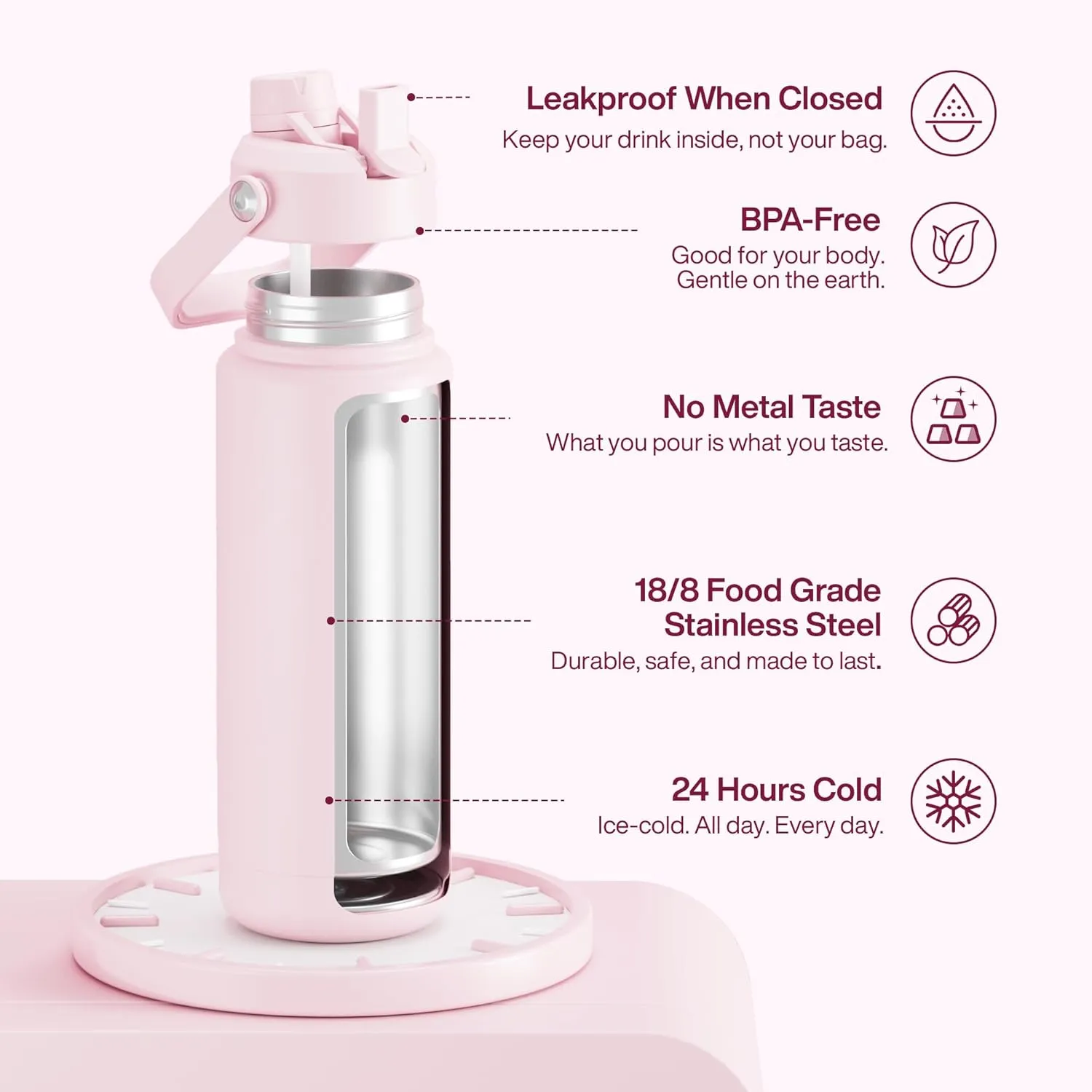 Insulated Water Bottle with Straw - Encool Stainless Steel Water Bottle, Leak-Proof, BPA-Free, Double Wall Vacuum Keeps Cold for 24 Hours for Sports, Travel, School (32 oz, Cotton Candy)