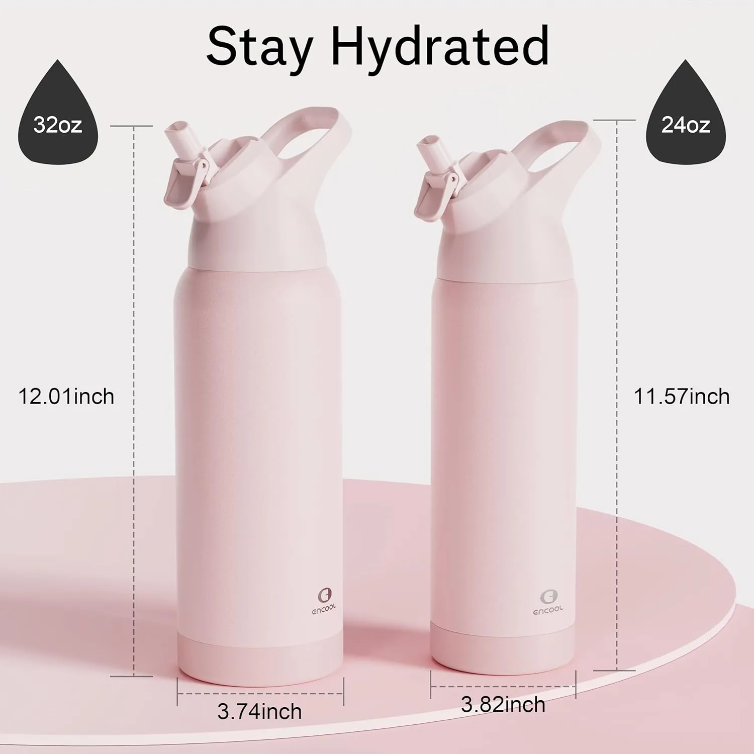 Insulated Water Bottle with Straw - Encool Stainless Steel Water Bottle, Reusable Leakproof and BPA-Free for Sports, Travel, Cold for 24 Hours, 24 oz, Cotton Candy
