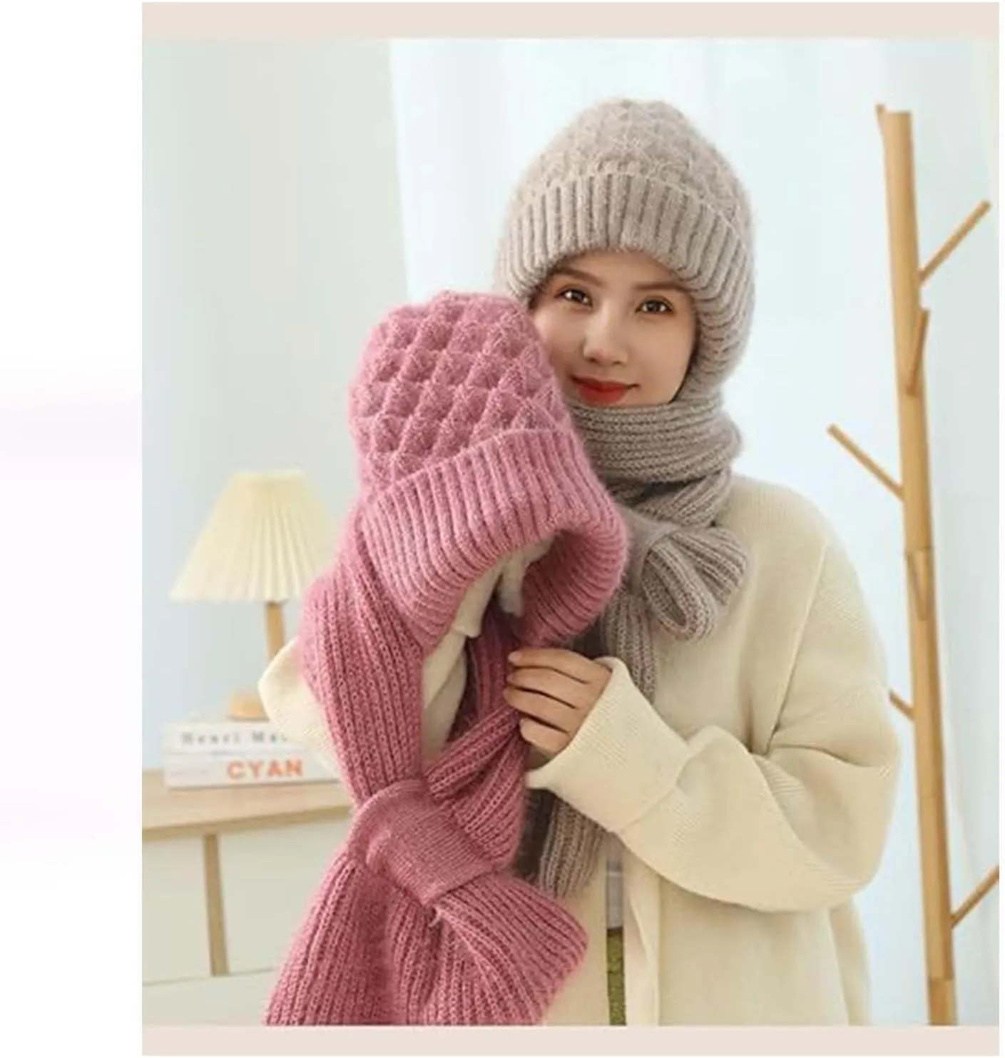 Integrated Ear Protection Windproof Cap Scarf, Winter Warm Knitted Hat Scarf, Thickening Beanie Hat Scarf