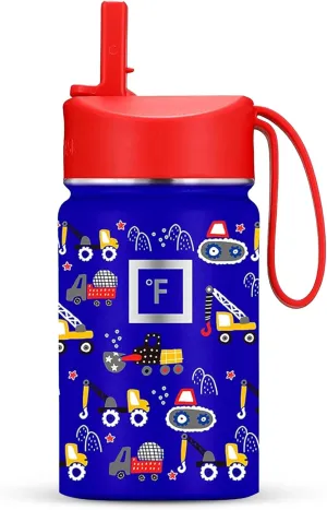 IRON °FLASK Kids Water Bottle - Straw Lid, 20 Name Stickers, Vacuum Insulated Stainless Steel, Double Walled Tumbler Travel Cup, Thermos Mug - Construction Zone, 10 Oz