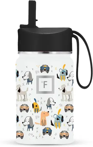 IRON °FLASK Kids Water Bottle - Straw Lid, 20 Name Stickers, Vacuum Insulated Stainless Steel, Double Walled Tumbler Travel Cup, Thermos Mug - Puppy Land, 10 Oz