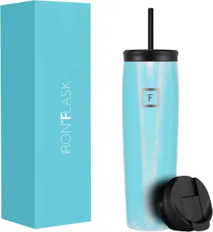 IRON °FLASK Nomad Tumbler - 2 Lids Straw/Flip, Vacuum Insulated Stainless Steel Bottle, Double Walled, Drinking Cup, Thermo Coffee Travel Mug, Water - Arctic Glow, 28 Oz