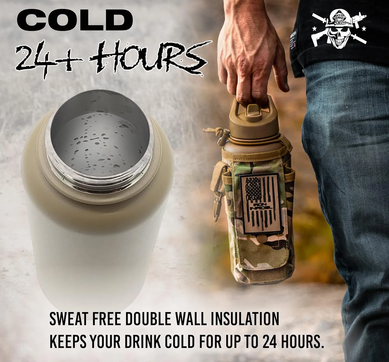 Iron Infidel Battle Bottle - 32 Oz Insulated Water Bottle with Straw Lid & Chug Cap, Stainless Steel Metal Tactical Flask With Rugged, Removable Sleeve for Keys & Phone or Wallet (OCP Camo 1 Liter)