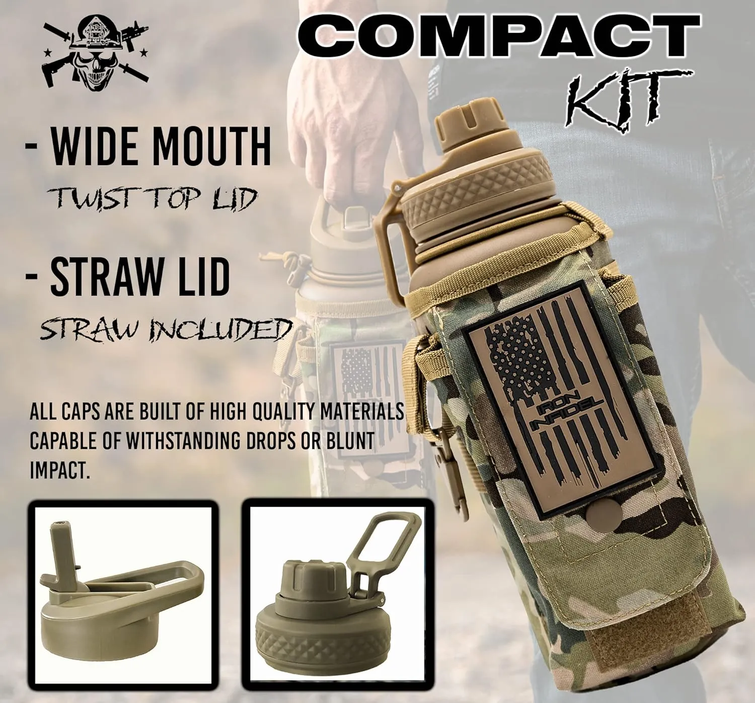 Iron Infidel Battle Bottle - 32 Oz Insulated Water Bottle with Straw Lid & Chug Cap, Stainless Steel Metal Tactical Flask With Rugged, Removable Sleeve for Keys & Phone or Wallet (OCP Camo 1 Liter)