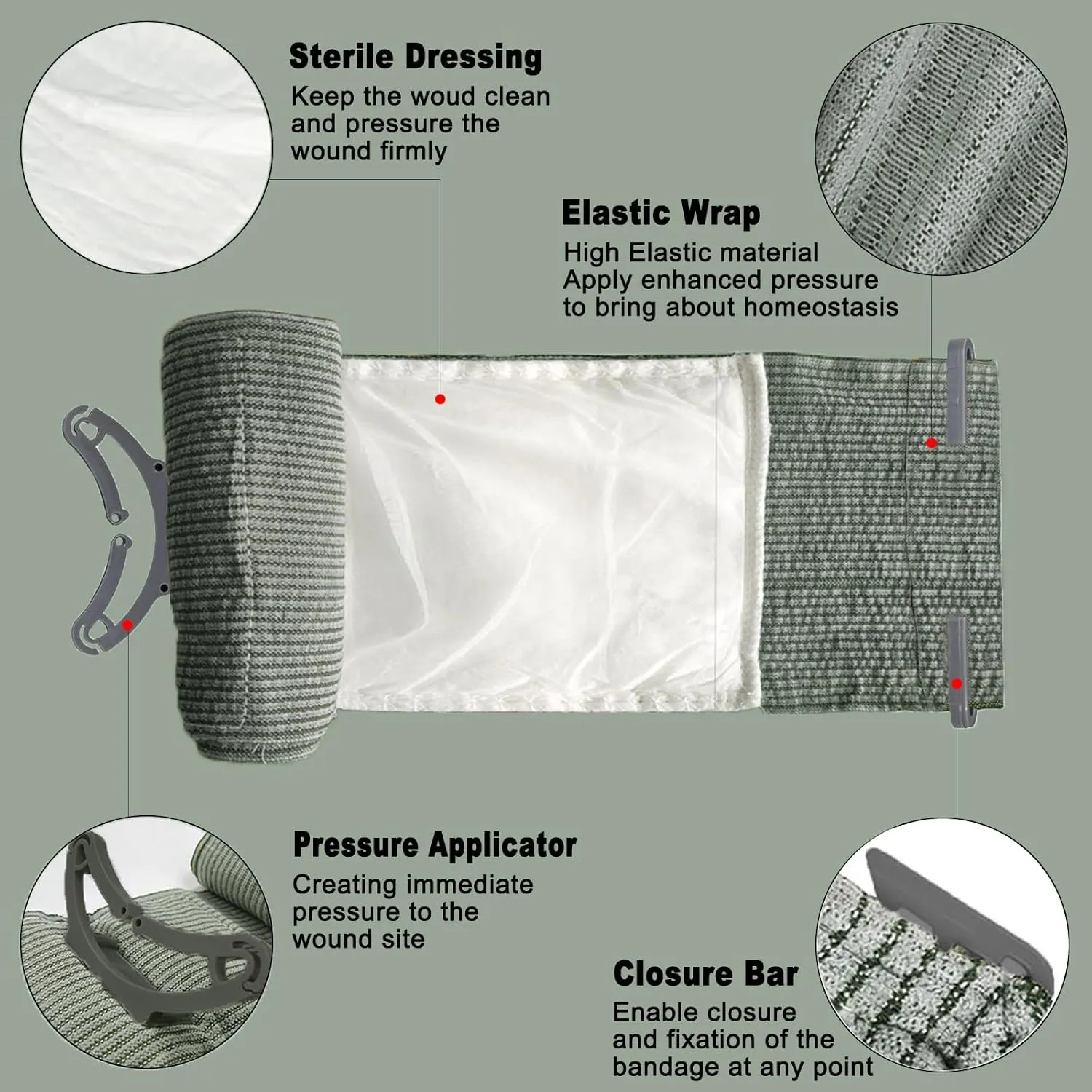 Israeli Emergency Bandage, 6" 4Pack Compression Bandage, Trauma Wound Dressing, Sterile Vacuum Sealed Packaging for Bleeding Control, Medical Trauma Kit, Combat Tactical First Aid IFAK Supplies