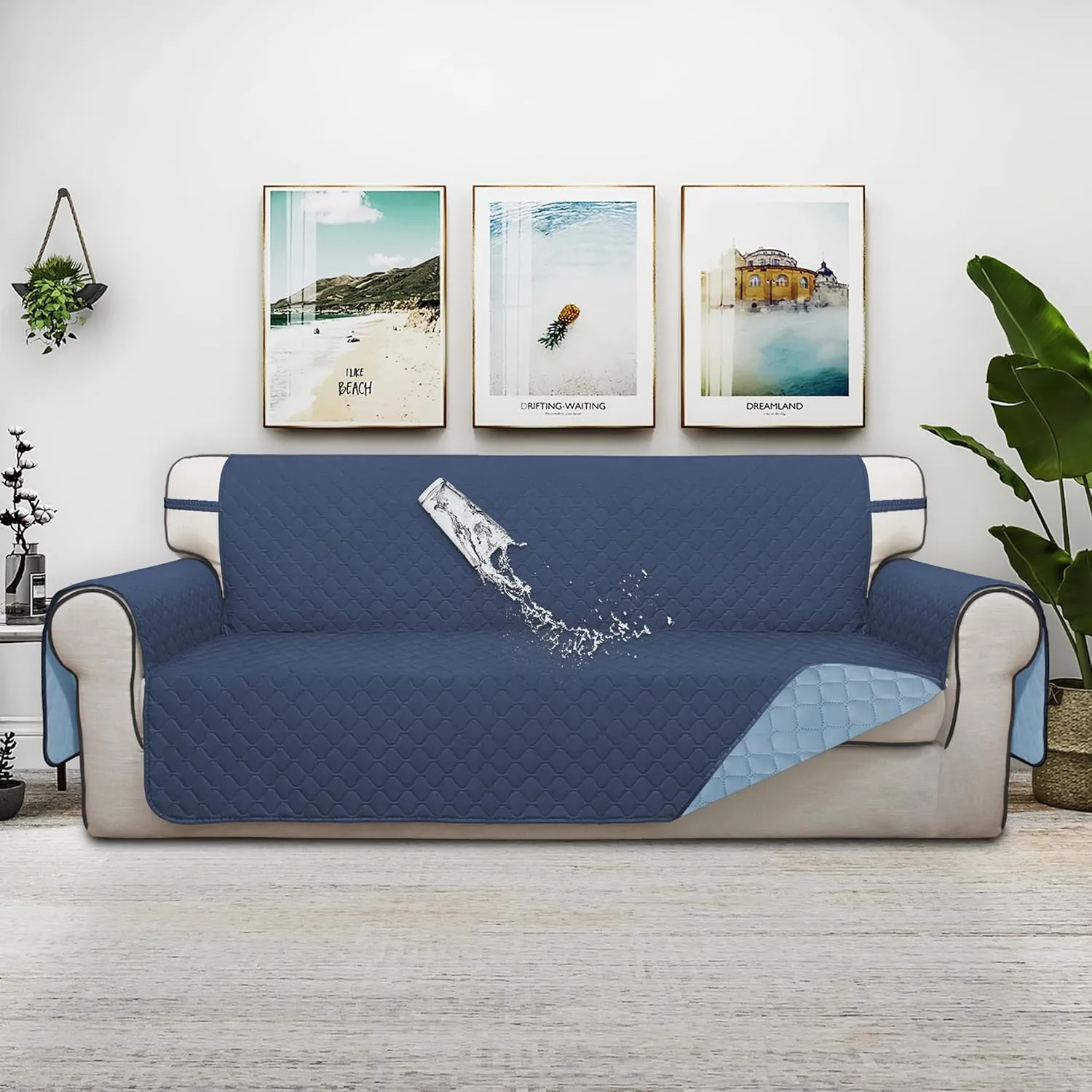 ISSUNTEX Double Protection 100% Waterproof Sofa Covers for Living Room, Reversible Couch Covers for 3 Cushion Couch Sofa, Furniture Protector Sofa Cover for Pets (X Large, Dark Blue/Light Blue)