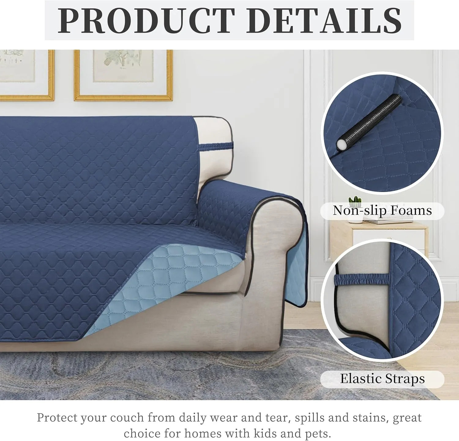 ISSUNTEX Double Protection 100% Waterproof Sofa Covers for Living Room, Reversible Couch Covers for 3 Cushion Couch Sofa, Furniture Protector Sofa Cover for Pets (X Large, Dark Blue/Light Blue)