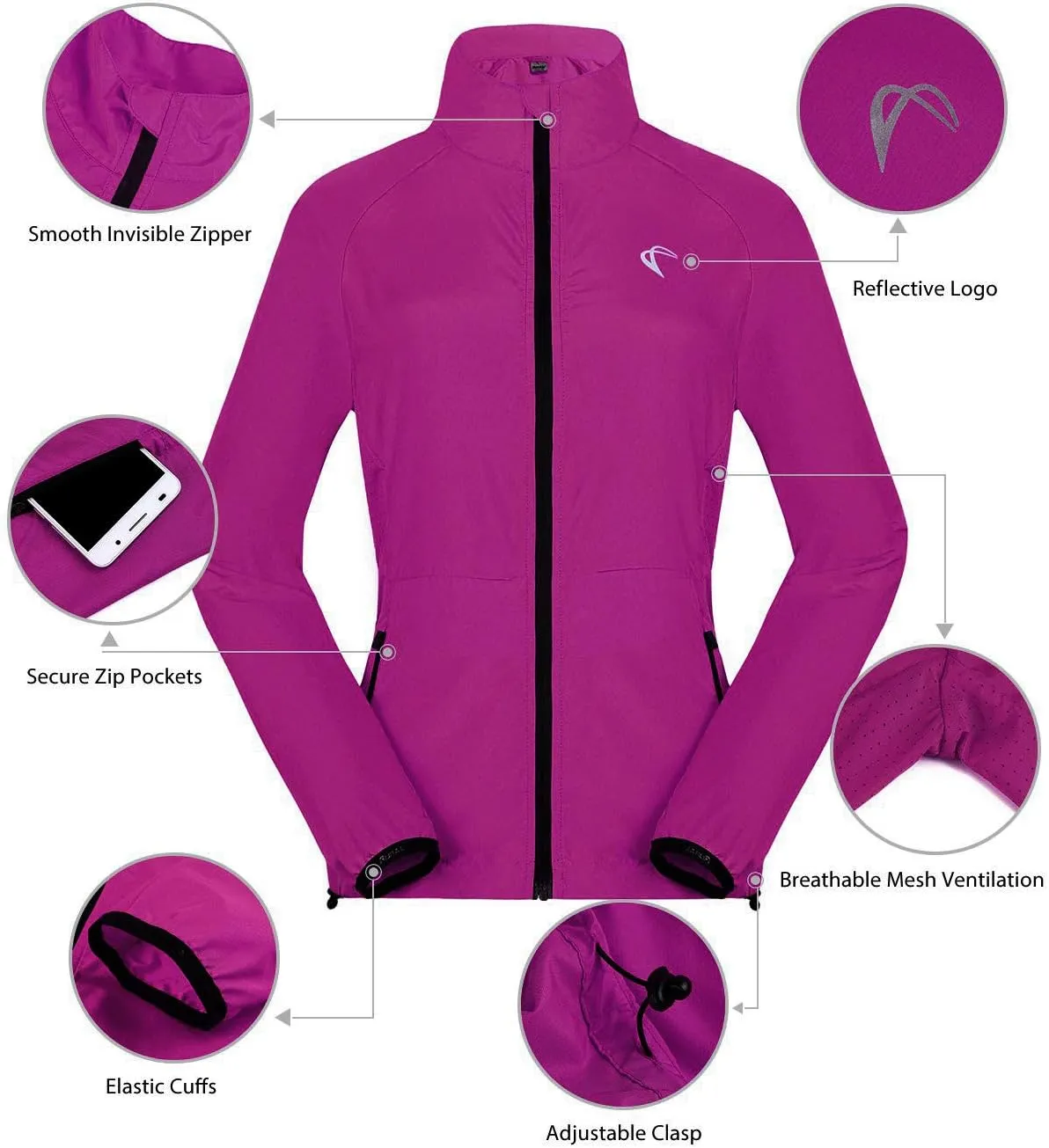 J.CARP Women's Packable Windbreaker Jacket, Super Lightweight and Visible, Outdoor Active Cycling Running Skin Coat