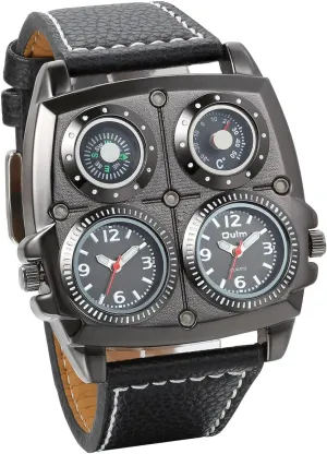JewelryWe Mens Watch Dual Time Zone Cool Black Army Quartz Watch Military Leather Strap Casual Sports Wristwatches, for Father's Day