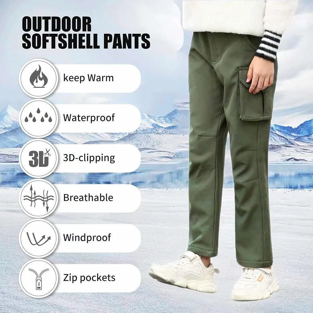 JOMLUN Boy's Fleece Lined Hiking Pants Waterproof Windproof Warm Soft Shell Outdoor Cargo Pants Snow Ski Walking Trousers