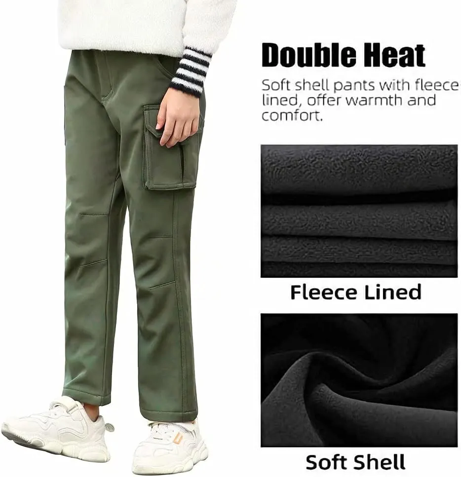 JOMLUN Boy's Fleece Lined Hiking Pants Waterproof Windproof Warm Soft Shell Outdoor Cargo Pants Snow Ski Walking Trousers