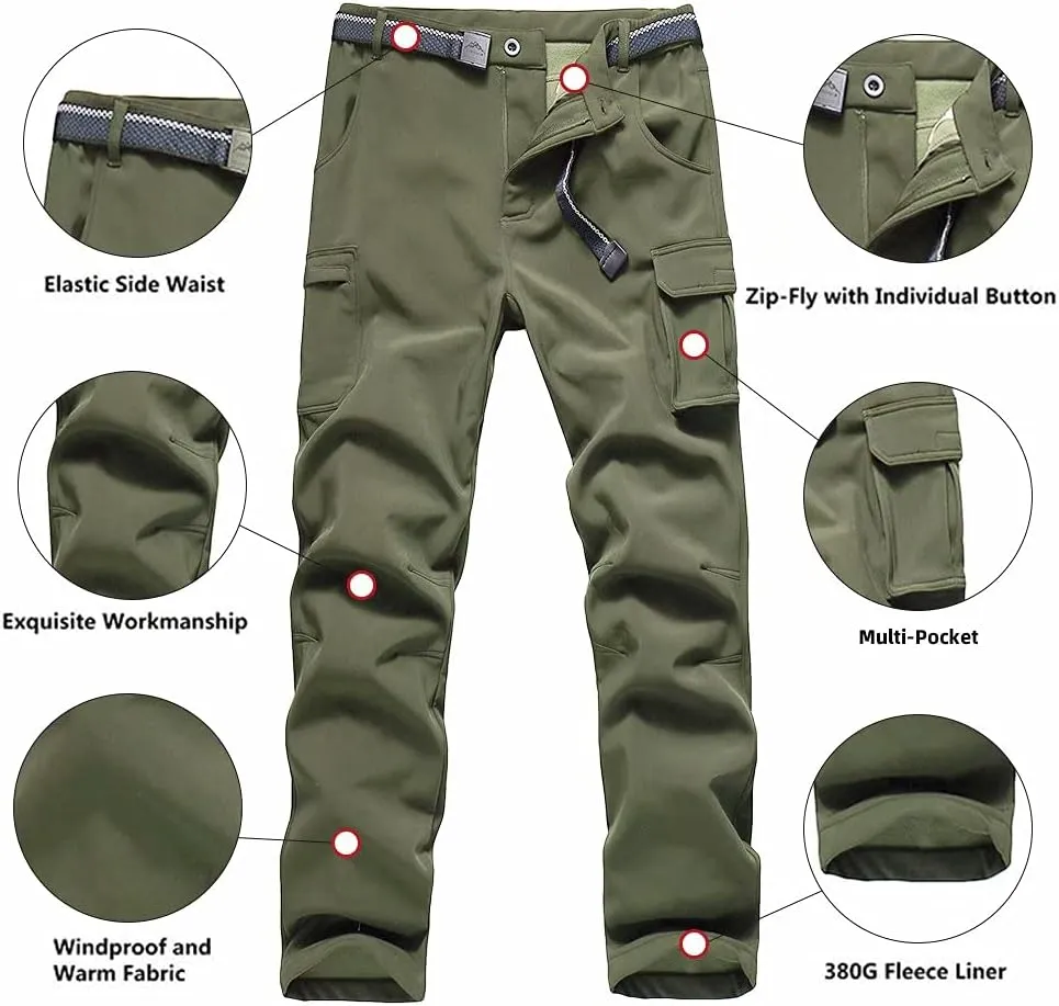 JOMLUN Boy's Fleece Lined Hiking Pants Waterproof Windproof Warm Soft Shell Outdoor Cargo Pants Snow Ski Walking Trousers
