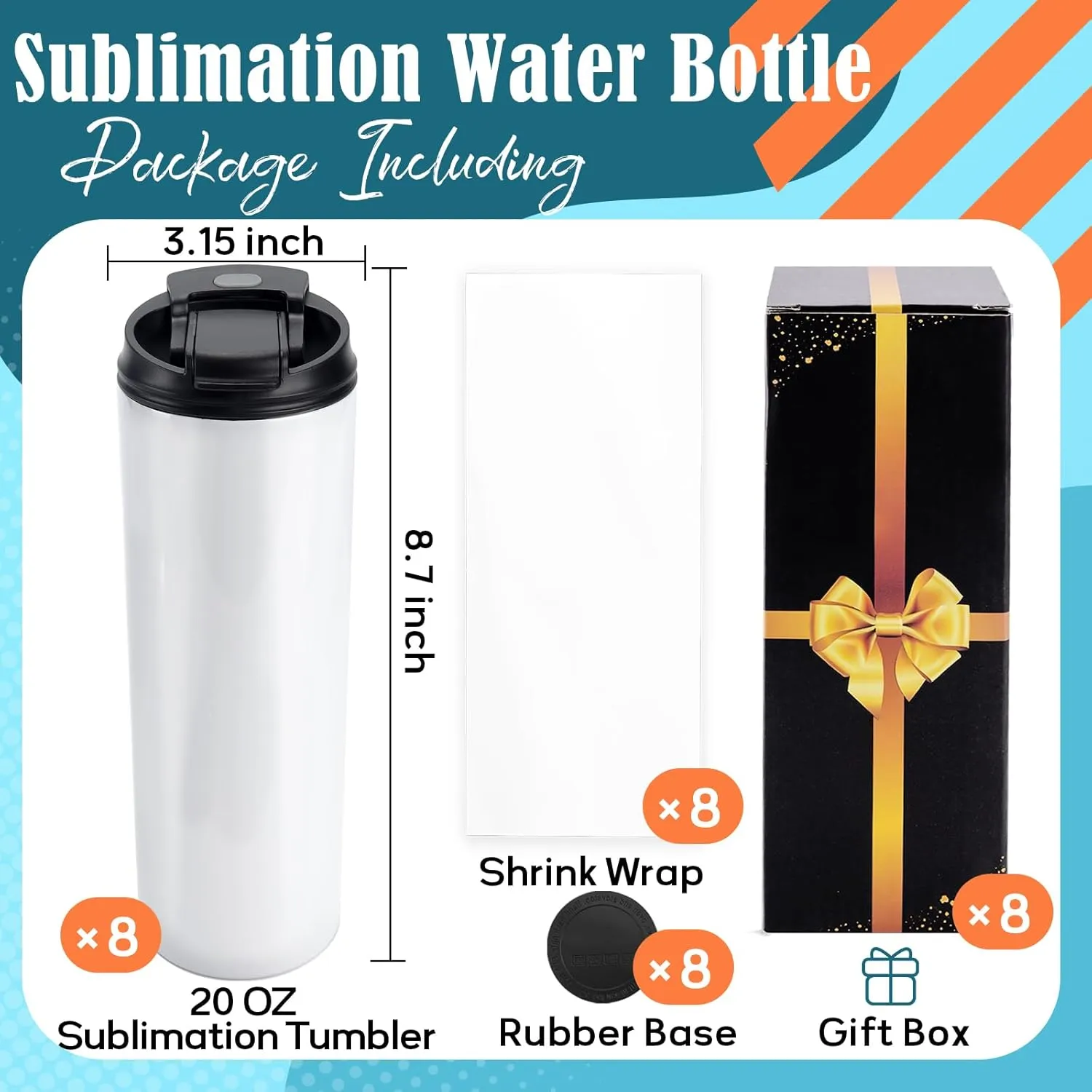 Joyclub 8 Pack Sublimation Water Bottle Blanks Dual Opening 20 oz Sublimation Tumblers with Leakproof Lid and Straw Insulated Stainless Steel Sports Cups
