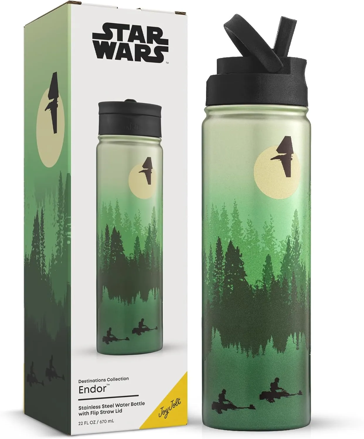 JoyJolt Stainless Steel Star Wars Water Bottle 22 oz with Straw Lid, BPA-Free Sports and Travel Vacuum Insulated Water Bottle, Destination Collection Endor Bottle, Star Wars Gifts