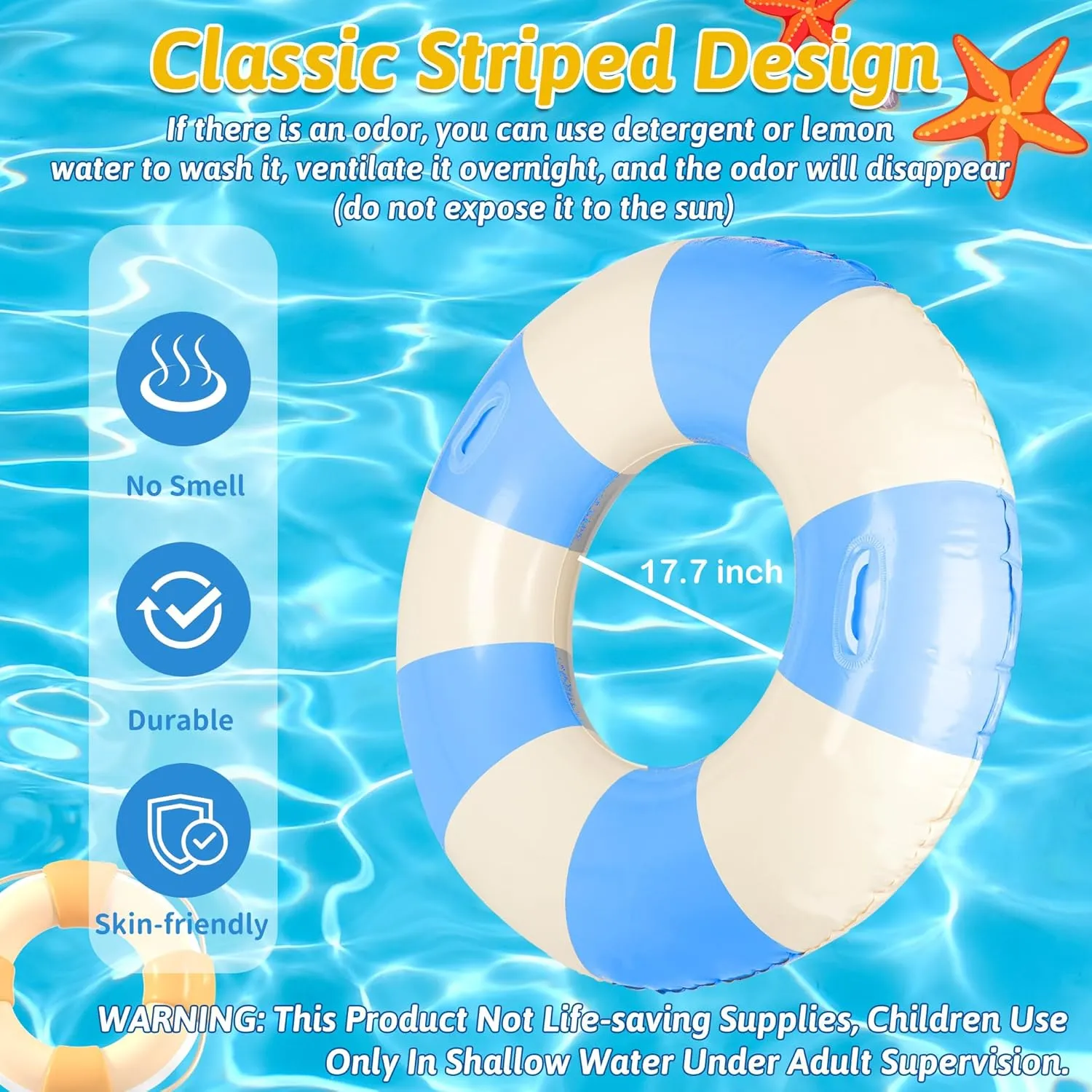Jumbo Swim Ring Pool Floats Adult 47 Inch Blue White Striped Inflatable Tube with Handles, Ring Floaties Leakproof Pool Floats for Summer Pool Party Beach Ocean Wedding Party Decor