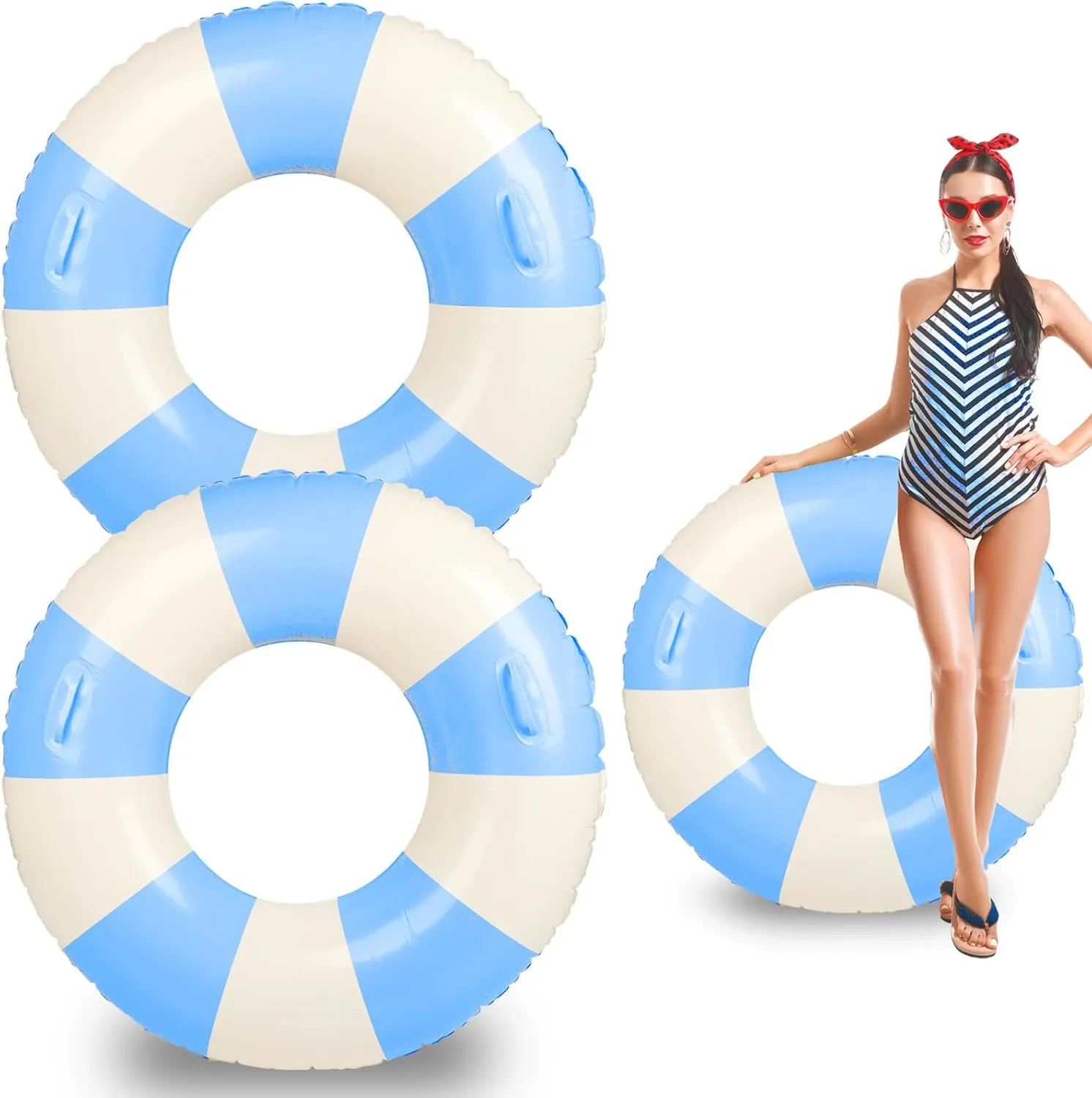 Jumbo Swim Ring Pool Floats Adult 47 Inch Blue White Striped Inflatable Tube with Handles, Ring Floaties Leakproof Pool Floats for Summer Pool Party Beach Ocean Wedding Party Decor